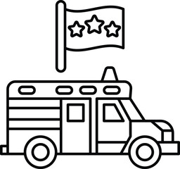 A black and white drawing of a fire truck with a flag on top