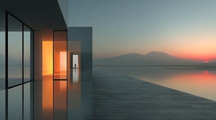 Modern Architectural Design at Sunset Over Water