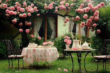 A romantic garden setting with a tea table beneath a rose arbor, featuring pastel pink roses, a floral tablecloth, and wrought iron chairs