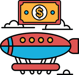 A black and white drawing of a plane with a dollar bill on top of it