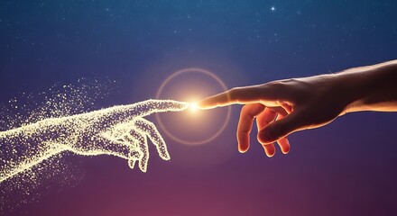 Humanity's touch ignites creation, a cosmic spark connecting worlds in a celestial ballet