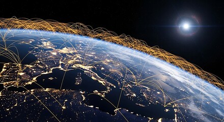 Global network connections light up Earth at night with bright star in space