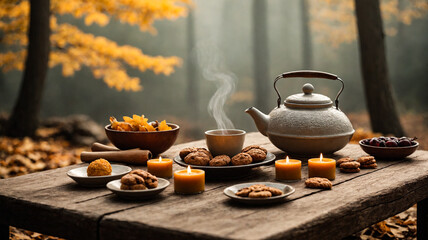 hot tea in the autumn forest