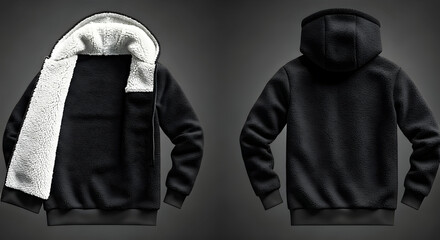 A cozy black fleece hoodie featuring a plush white sherpa lining perfect for warmth and comfort Ideal for casual wear or chilly outdoor activities
