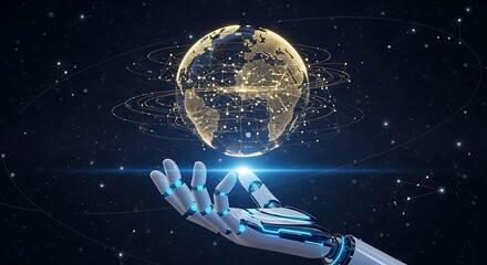 Fototapeta premium Futuristic robot hand cradles glowing digital Earth, symbolizing global connection and AI innovation