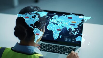Global logistics tracking, office worker using laptop, world map overlay, data analysis - Powered by Adobe