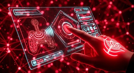 Futuristic digital interface with glowing red circuits and hand interacting with a virtual control panel
