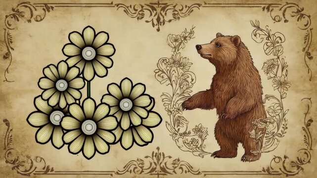 Antique-style bear illustration, soft sepia tones, hand-drawn engraving details, vintage storybook aesthetic

