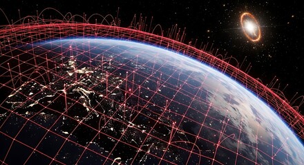 Dynamic global network connects continents, symbolizing interconnectedness and futuristic data flow