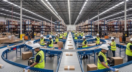 Naklejka premium Efficient Warehouse Operations with Workers and Conveyor Systems