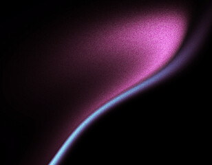 Glowing pink blue wave on black grainy background with blur texture, smooth abstract shape poster layout