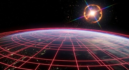 Futuristic Earth grid overlay with vibrant cosmic event in deep space, symbolizing global connection and celestial wonder