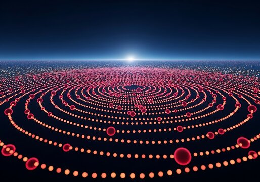 Captivating abstract digital art with glowing red circular patterns and a bright horizon light