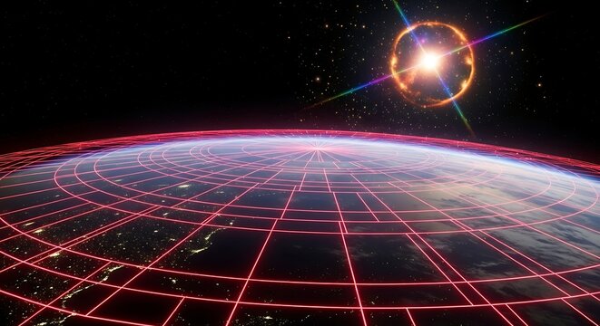 Futuristic Earth grid overlay with vibrant cosmic event in deep space, symbolizing global connection and celestial wonder