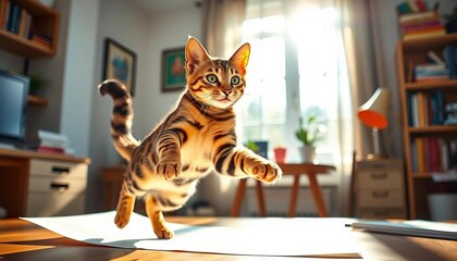 Bengal cat leaps at crumpled paper in sunlit home office, playful energy,   playful mood,   fun