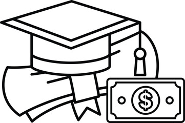 A graduation cap and diploma are on top of a dollar bill