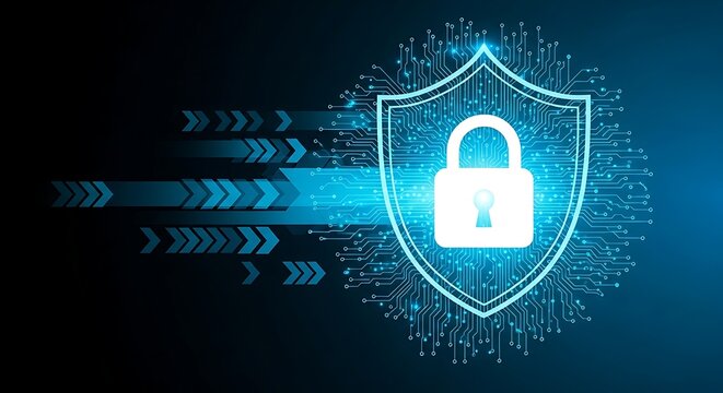 Secure your digital world with this modern cyber shield and glowing data streams