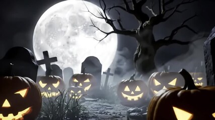 Jack-o'-lanterns glow in foggy graveyard, full moon backdrop, Halloween