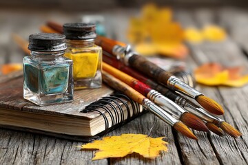 Art Supplies Still Life on Wooden Surface