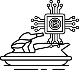 A black and white drawing of a jet ski with a dollar sign on it