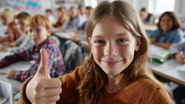 Cheerful girl gives thumbs up in classroom filled with classmates, promoting positivity and encouragement during learning