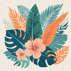 Tropical jungle risograph canvas print with large monstera leaves, palm fronds, hibiscus flowers, and bright vibrant colors