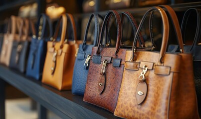 Close-up of exquisite handbags displayed in a boutique, focusing on fine details and high-quality design, Generative AI