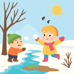 Vector illustration of two happy children playing with snowballs outdoors on a sunny winter day near a stream.