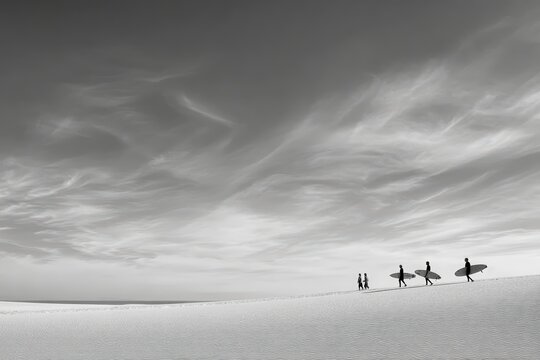 Monochrome image of surfers walking on a sandy beach under dramatic sky, black and white photography capturing adventure sport and lifestyle, scenic seascape