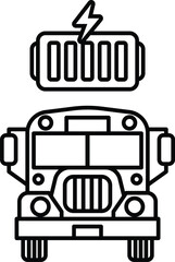 A black and white drawing of a bus with a battery on the side