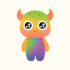 Cute colorful cartoon monster character with big eyes, horns, and rainbow body in a flat vector style.