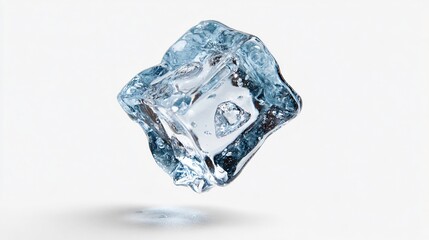 Crystal clear focus on a plummeting ice cube in isolated setting