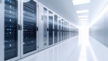 Modern data center corridor with server racks and bright lighting