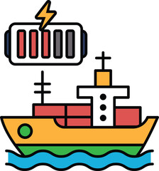 A black and white drawing of a ship with a battery on it