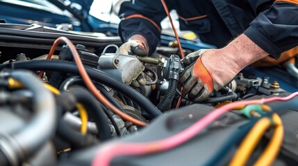Pneumatic repairman fixing pneumatic tools and equipment, using gauges and wrenches to check air pressure and hoses, wearing safety gloves and a uniform in an industrial workshop