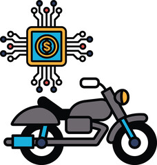 A black and white image of a motorcycle with a dollar bill on the engine