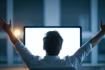 Overjoyed businessman raising arms in triumph while facing a bright computer screen, symbolizing business success, achievement, professional satisfaction, and productive work environment