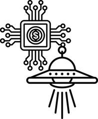 A black and white drawing of a computer chip and a dollar sign