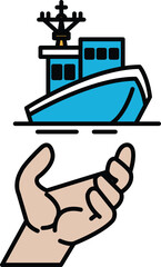 A hand is reaching out to a ship that is in the water