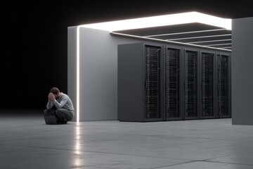 Man in server room showing distress, computer failure crisis in data center environment with dark ambiance and tech hardware