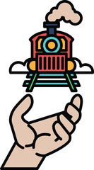 A hand is holding a train