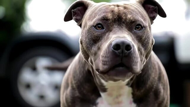 Pit bull portrait, outdoors, blurred car background, pet website