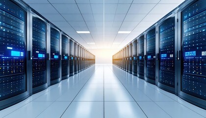 Modern data center interior with server racks and bright light at the end