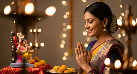Indian Woman Celebrating Ganesh Chaturthi with Festive Lights