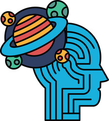 A black and white drawing of a brain with a planet on top of it