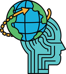 A black and white drawing of a brain with a globe on top of it