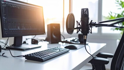 Modern home office setup featuring microphone and computer for content creation