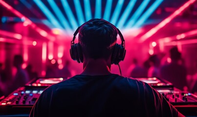 DJ with headphones playing music in a club, illuminated by laser lights, creating an energetic and exciting atmosphere, Generative AI
