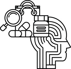 A black and white drawing of a head with a magnifying glass and a shopping bag