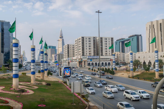 Al Olaya business district in central Riyadh, Saudi Arabia, is a bustling urban hub with modern offices, thriving commerce, and dynamic city life.
